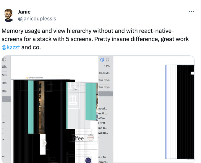 React Navigation v2의 소개된 메모리 사용량 비교 데이터