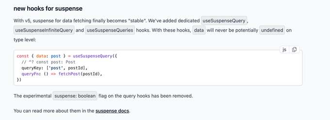 Tanstack Query migrate to v5 섹션의 suspense에 대한 노트